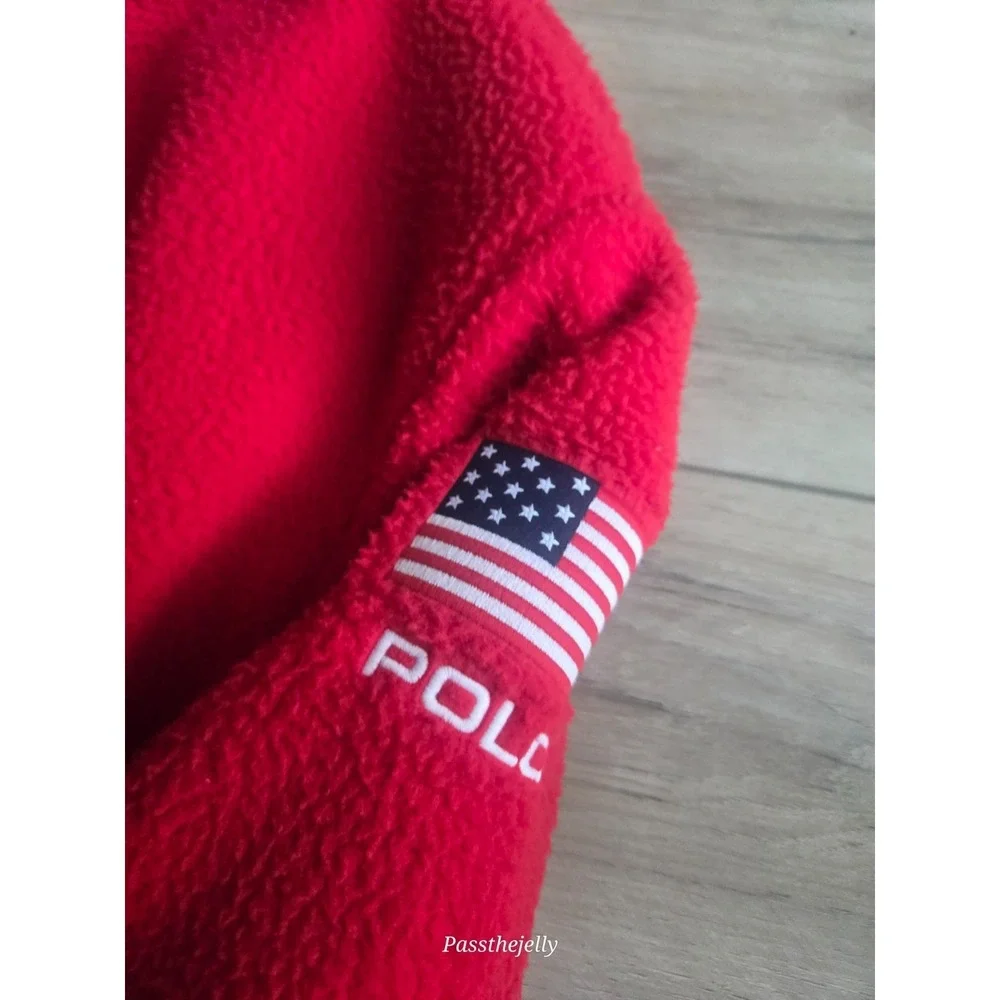 Polo Ralph Lauren Mens USA Fleece Pullover Medium Red Sherpa 1/4 Zip Sweatshirt
